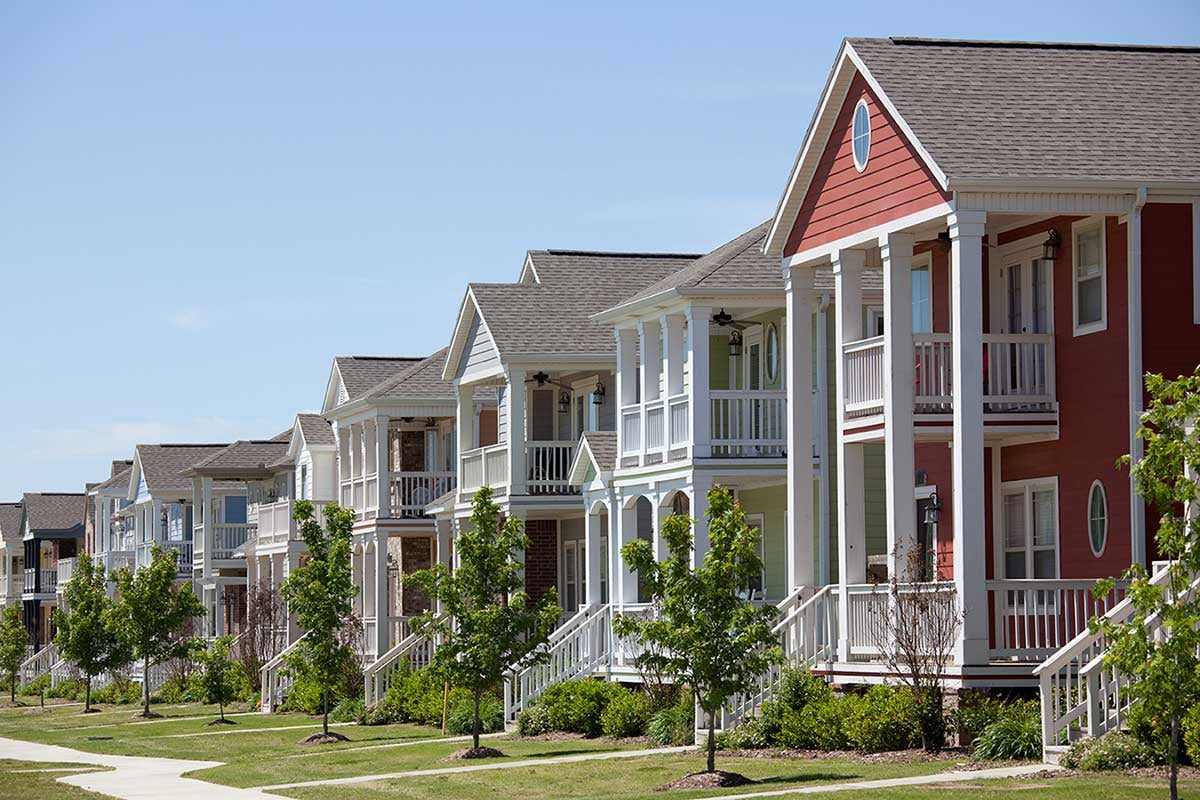 A row of brightly painted houses