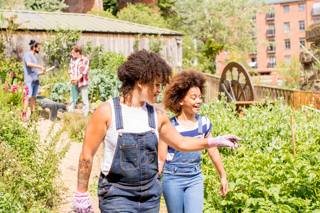 mom and daughter in garden